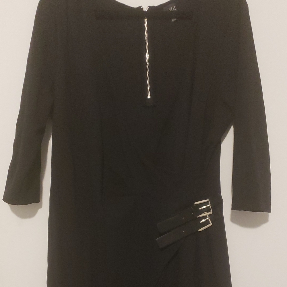 Black Sheath Dress Plunge Neck 3/4 Sleeve